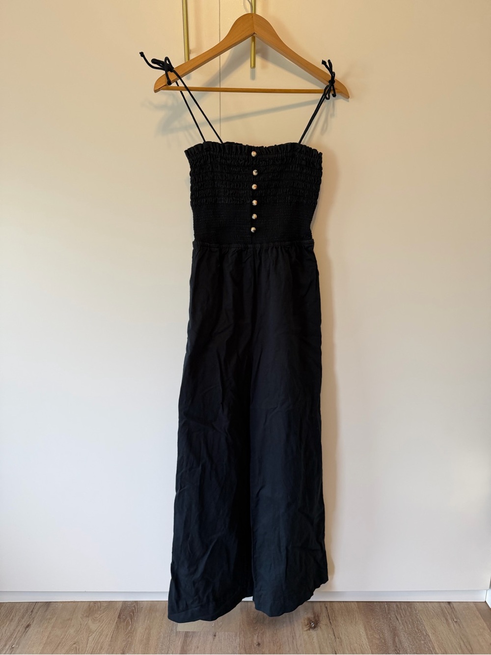 Maeve by Anthropology Black Strapless Wide-Leg Jumpsuit with Pearl Buttons